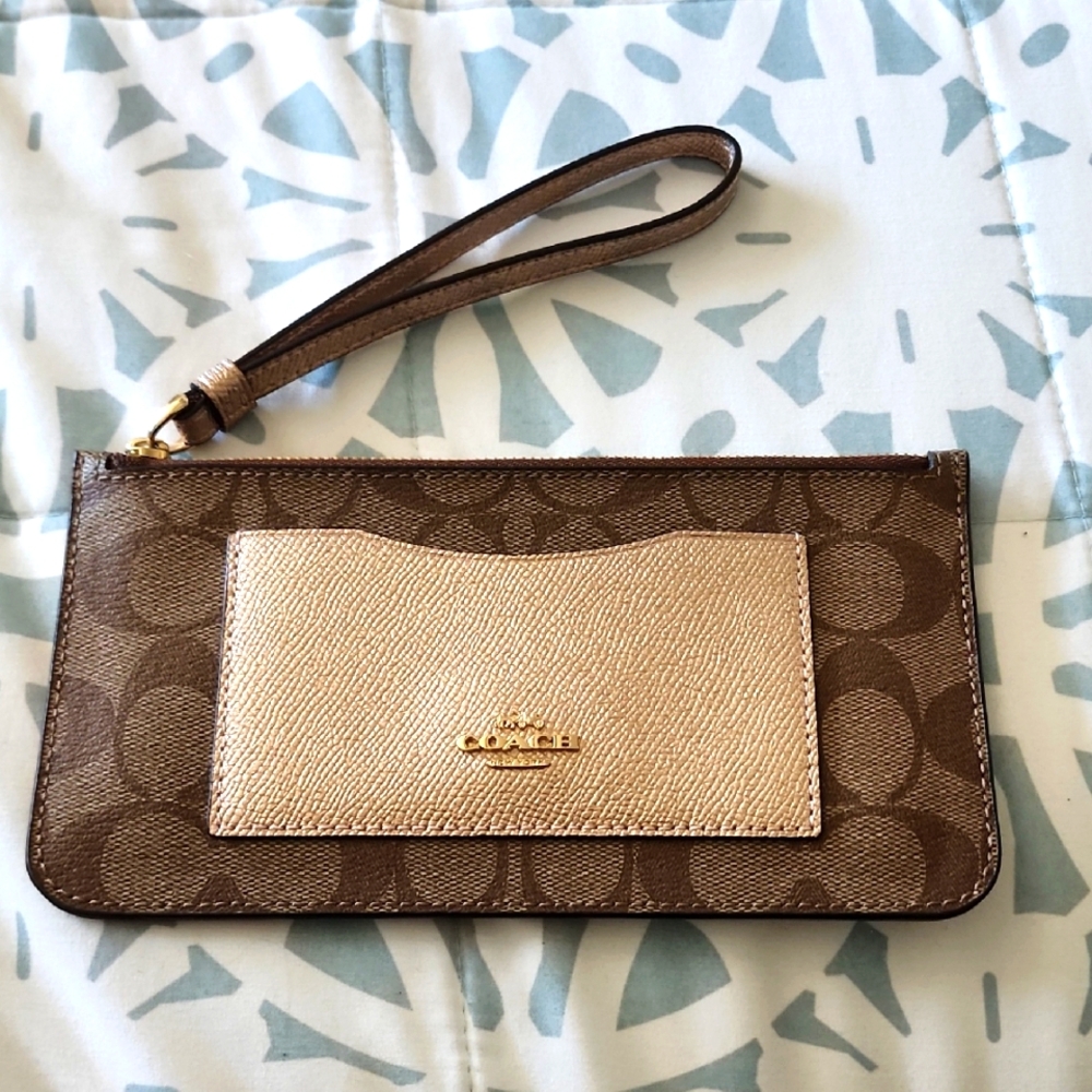 Coach Signature Brown and Gold Wristlet